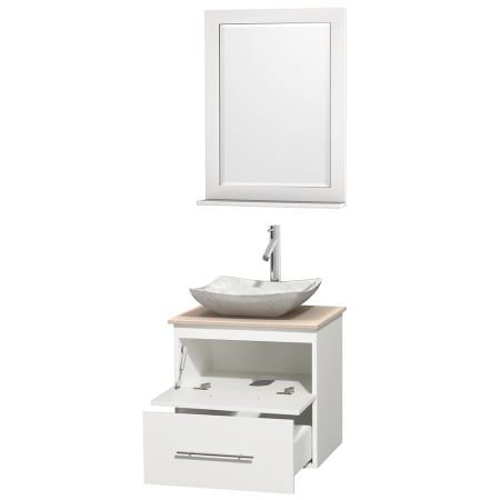 Open Vanity View with Ivory Marble Top, Vessel Sink, and 24" Mirror