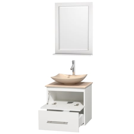 Open Vanity View with Ivory Marble Top, Vessel Sink, and 24" Mirror