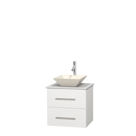 Full Vanity View with White Stone Top and Vessel Sink