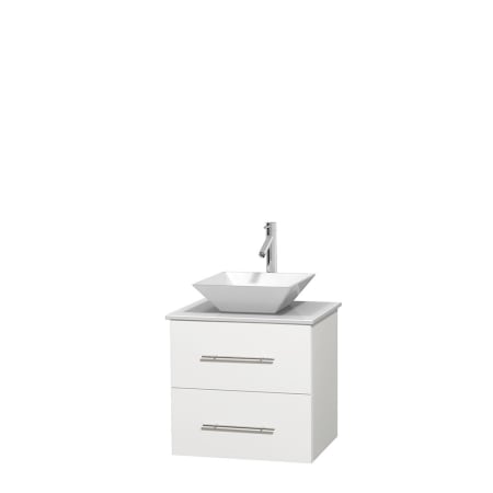 Full Vanity View with White Stone Top and Vessel Sink