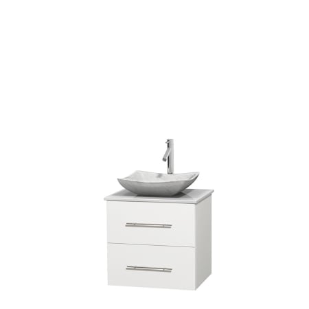 Full Vanity View with White Stone Top and Vessel Sink