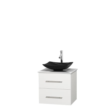 Full Vanity View with White Stone Top and Vessel Sink