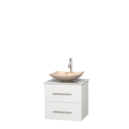 Full Vanity View with White Stone Top and Vessel Sink