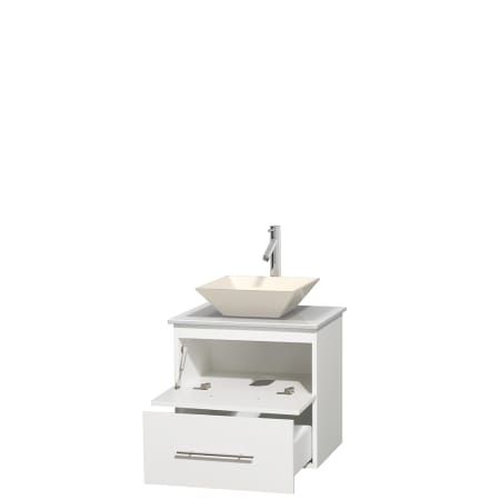 Open Vanity View with White Stone Top and Vessel Sink