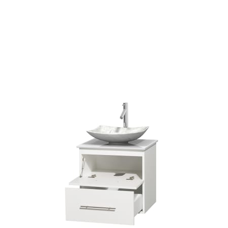 Open Vanity View with White Stone Top and Vessel Sink