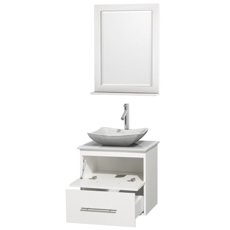 Open Vanity View with White Stone Top, Vessel Sink, and 24" Mirror