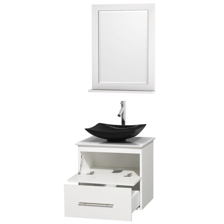 Open Vanity View with White Stone Top, Vessel Sink, and 24" Mirror