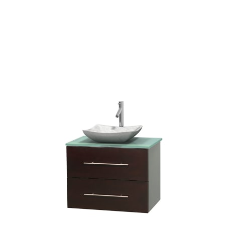 Full Vanity View with Green Glass Top and Vessel Sink