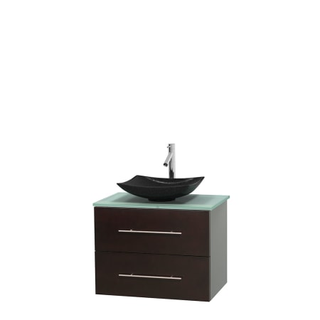 Full Vanity View with Green Glass Top and Vessel Sink