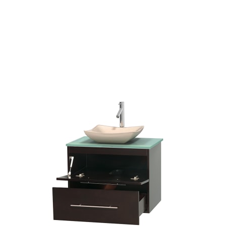 Open Vanity View with Green Glass Top and Vessel Sink