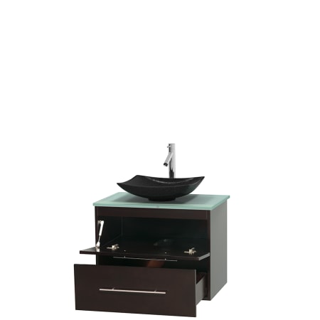 Open Vanity View with Green Glass Top and Vessel Sink