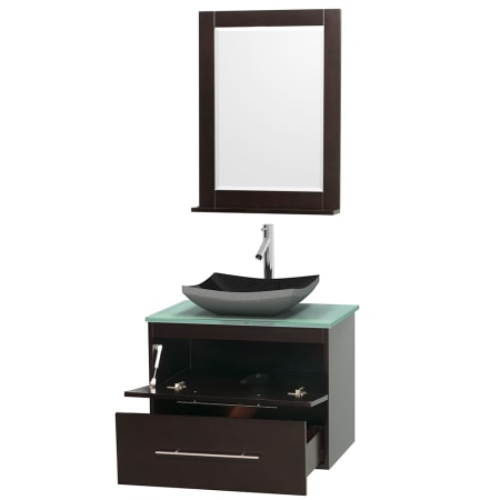 Open Vanity View with Green Glass Top, Vessel Sink, and 24" Mirror