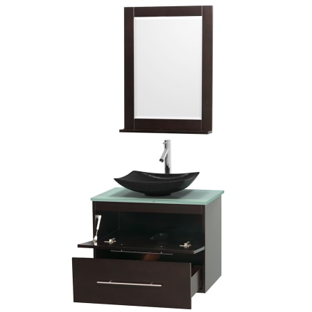 Open Vanity View with Green Glass Top, Vessel Sink, and 24" Mirror