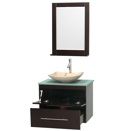 Open Vanity View with Green Glass Top, Vessel Sink, and 24" Mirror