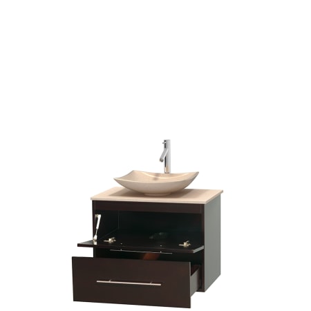 Open Vanity View with Ivory Marble Top and Vessel Sink