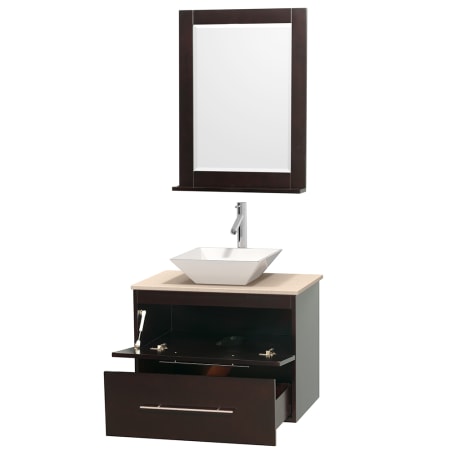 Open Vanity View with Ivory Marble Top, Vessel Sink, and 24" Mirror