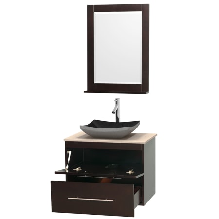 Open Vanity View with Ivory Marble Top, Vessel Sink, and 24" Mirror