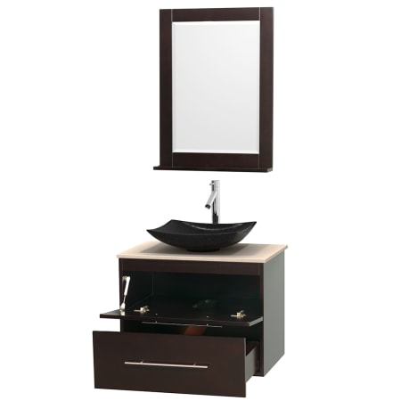 Open Vanity View with Ivory Marble Top, Vessel Sink, and 24" Mirror