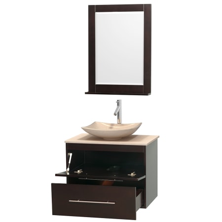 Open Vanity View with Ivory Marble Top, Vessel Sink, and 24" Mirror