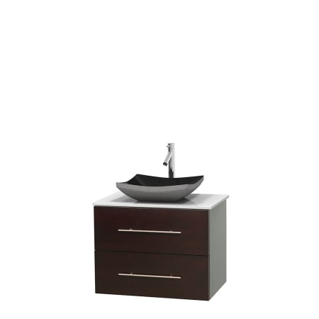 Full Vanity View with White Stone Top and Vessel Sink