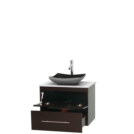 Open Vanity View with White Stone Top and Vessel Sink