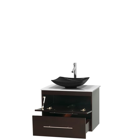 Open Vanity View with White Stone Top and Vessel Sink