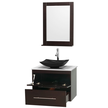 Open Vanity View with White Stone Top, Vessel Sink, and 24" Mirror