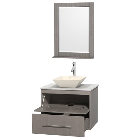 Open Vanity View with White Carrera Marble Top, Vessel Sink, and 24" Mirror