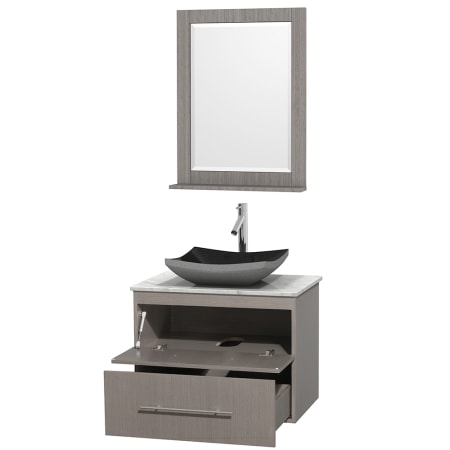 Open Vanity View with White Carrera Marble Top, Vessel Sink, and 24" Mirror