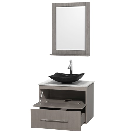 Open Vanity View with White Carrera Marble Top, Vessel Sink, and 24" Mirror