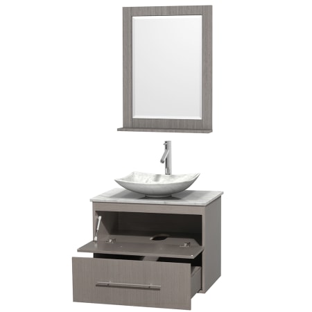 Open Vanity View with White Carrera Marble Top, Vessel Sink, and 24" Mirror