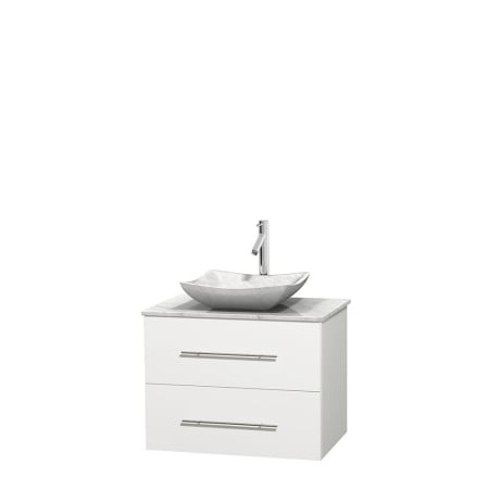 Full Vanity View with White Carrera Marble Top and Vessel Sink