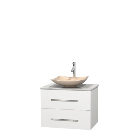 Full Vanity View with White Carrera Marble Top and Vessel Sink