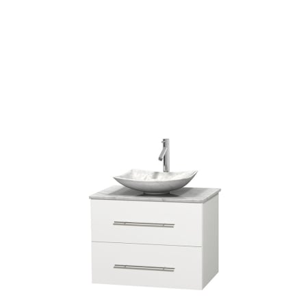 Full Vanity View with White Carrera Marble Top and Vessel Sink