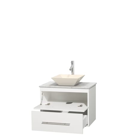 Open Vanity View with White Carrera Marble Top and Vessel Sink