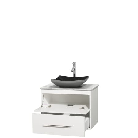 Open Vanity View with White Carrera Marble Top and Vessel Sink