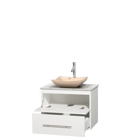 Open Vanity View with White Carrera Marble Top and Vessel Sink