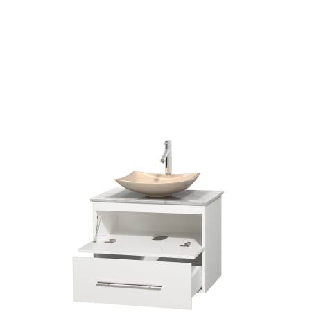 Open Vanity View with White Carrera Marble Top and Vessel Sink