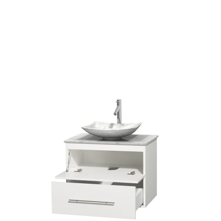 Open Vanity View with White Carrera Marble Top and Vessel Sink