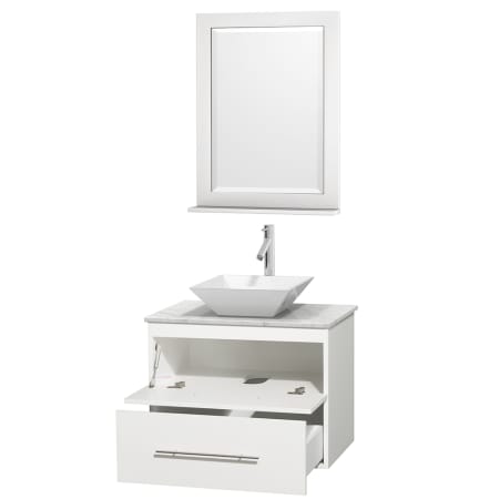 Open Vanity View with White Carrera Marble Top, Vessel Sink, and 24" Mirror