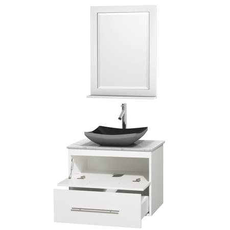 Open Vanity View with White Carrera Marble Top, Vessel Sink, and 24" Mirror