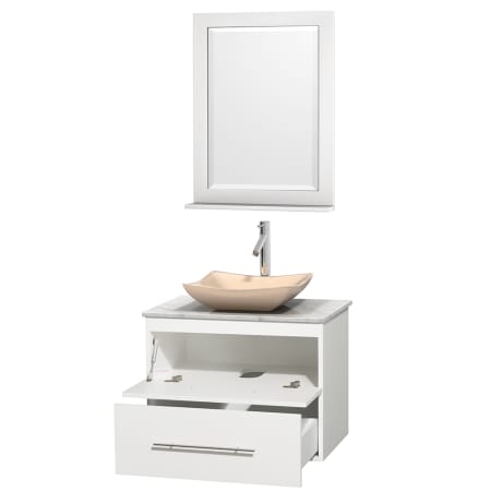 Open Vanity View with White Carrera Marble Top, Vessel Sink, and 24" Mirror