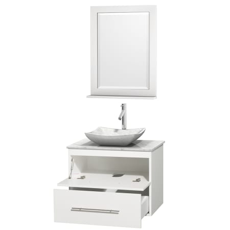 Open Vanity View with White Carrera Marble Top, Vessel Sink, and 24" Mirror