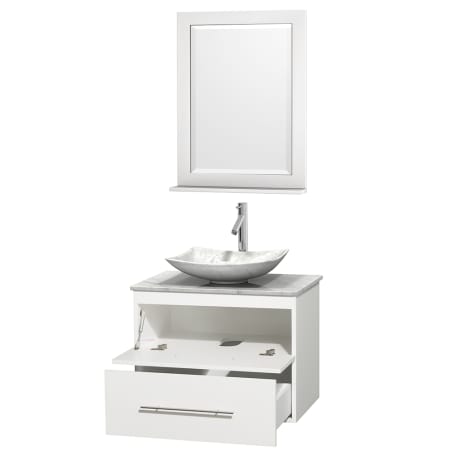 Open Vanity View with White Carrera Marble Top, Vessel Sink, and 24" Mirror