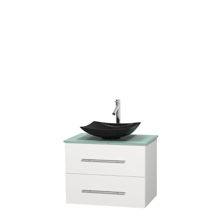 Full Vanity View with Green Glass Top and Vessel Sink