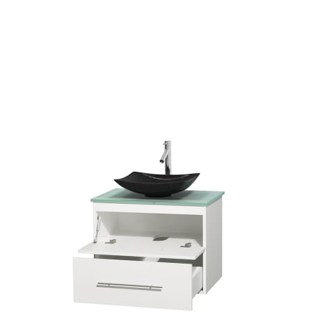 Open Vanity View with Green Glass Top and Vessel Sink