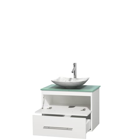 Open Vanity View with Green Glass Top and Vessel Sink