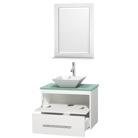 Open Vanity View with Green Glass Top, Vessel Sink, and 24" Mirror