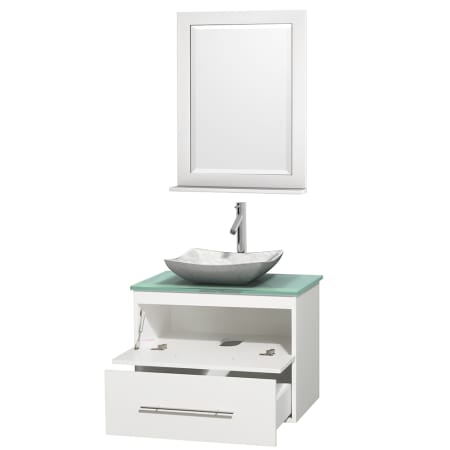 Open Vanity View with Green Glass Top, Vessel Sink, and 24" Mirror