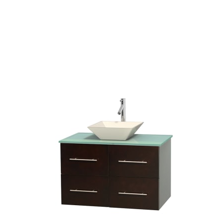 Full Vanity View with Green Glass Top and Vessel Sink